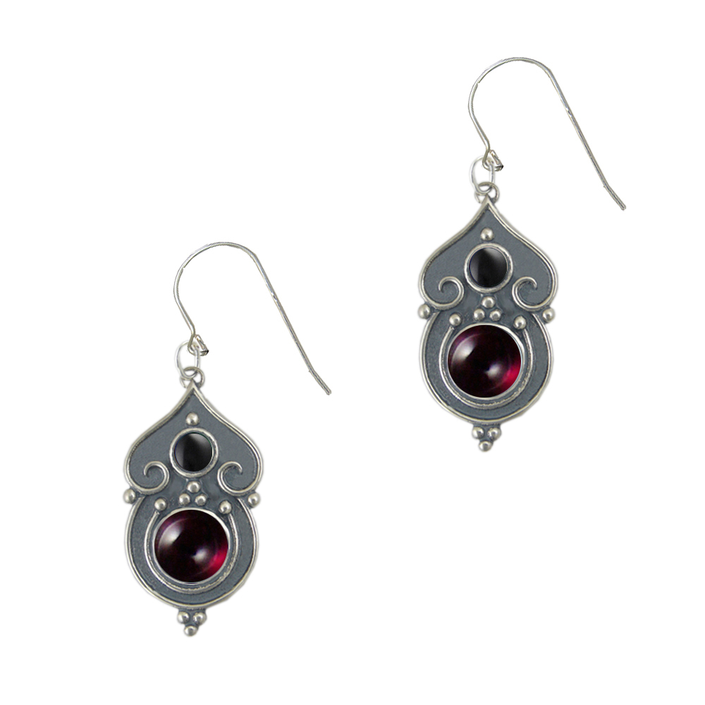 Sterling Silver Gothic Inspired Drop Dangle Earrings With Garnet And Black Onyx